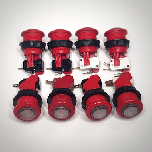 Vintage joysticks, assorted buttons and various parts